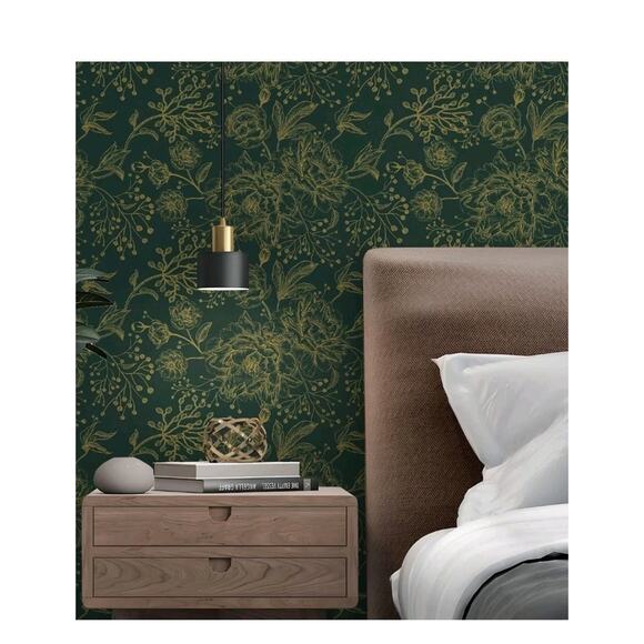 Peel and Stick Wallpaper Boho Floral Contact Paper 78.7" x 17.3" Gold an green - Picture 2 of 6